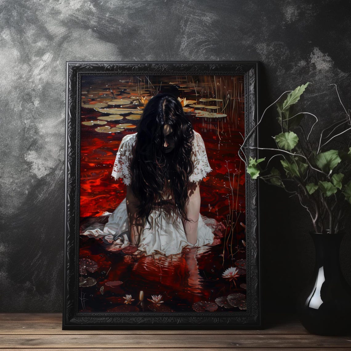 Gothic Woman White Dress Dark Red Water Lily Pond Art Poster - Image 7