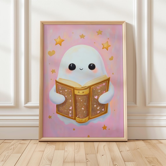 Cute Ghost Reading Golden Book Pink Halloween Bookish Poster