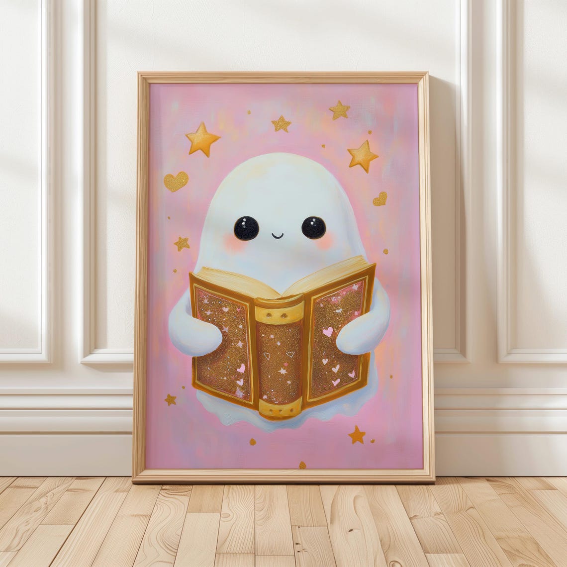 Cute Ghost Reading Golden Book Pink Halloween Bookish Poster