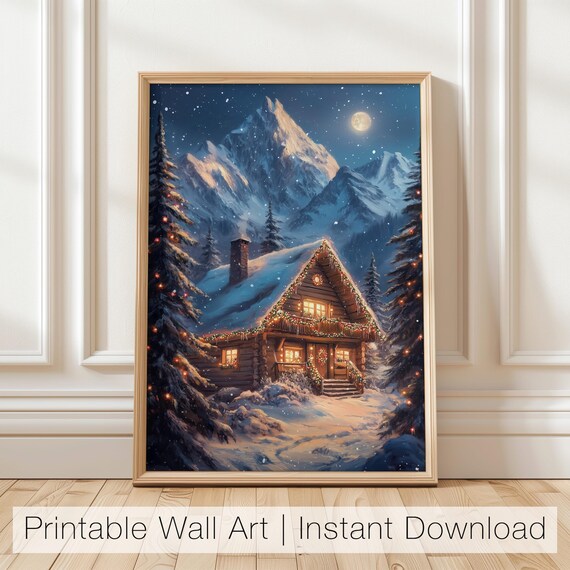 Christmas Cabin with Twinkling Lights Under Full Moon Snowy Night Poster