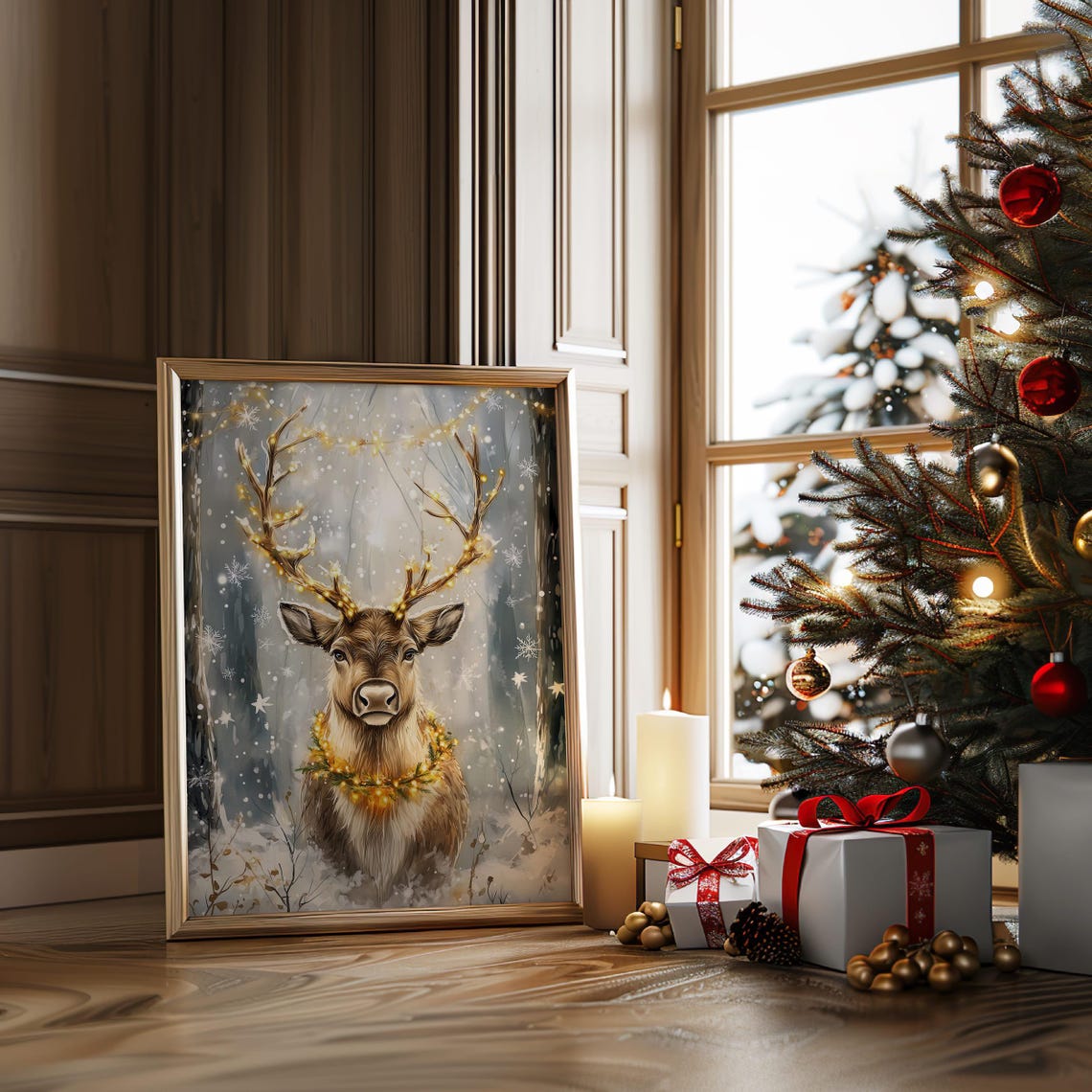 Christmas Reindeer With Lights Snowy Forest Winter Deer Poster - Image 2