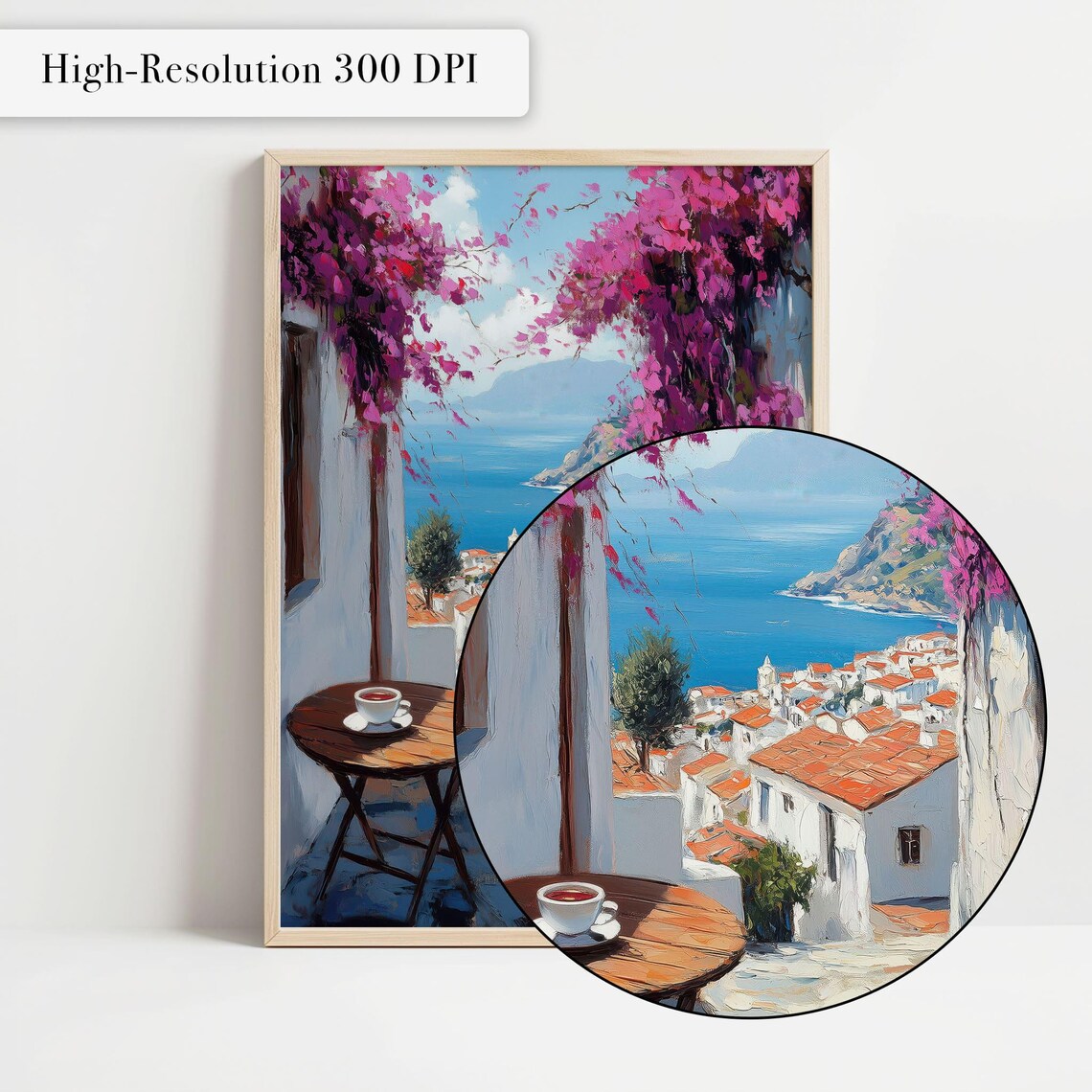 White Alley Bougainvillea Sea View Coffee Table Coastal Village Scene Poster - Image 4