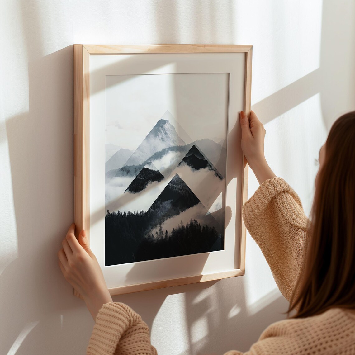 Geometric Triangle Black and White Foggy Mountain Landscape Poster - Image 6