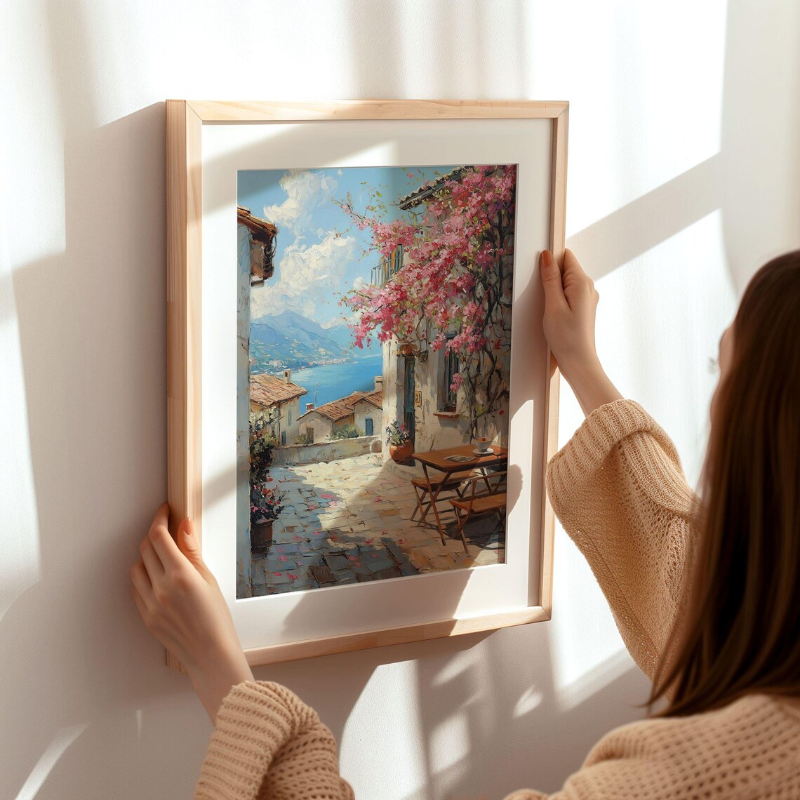 Mediterranean Coastal Village Bougainvillea Seaside Alley Painting Poster - Image 3