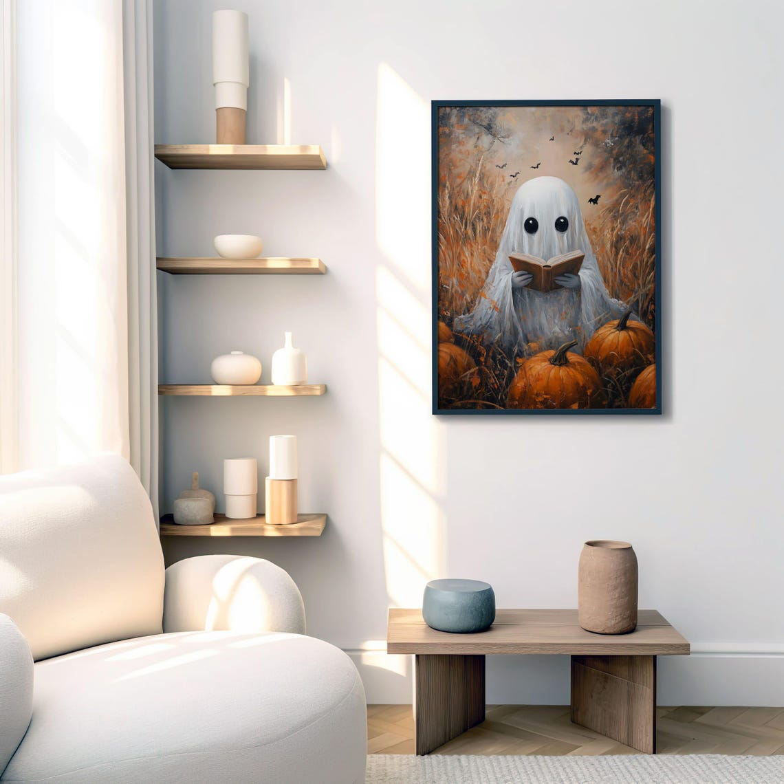 Cute Ghost Reading Book in Pumpkin Patch Halloween Night Poster - Image 2