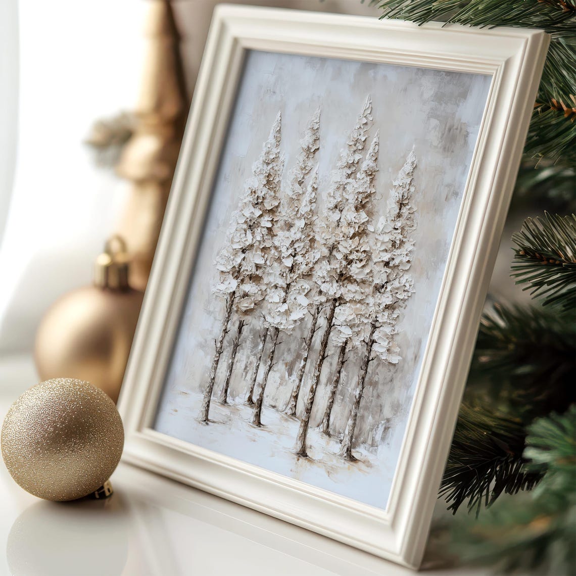 Snowy Pine Forest Textured Impasto Landscape Painting Poster - Image 4
