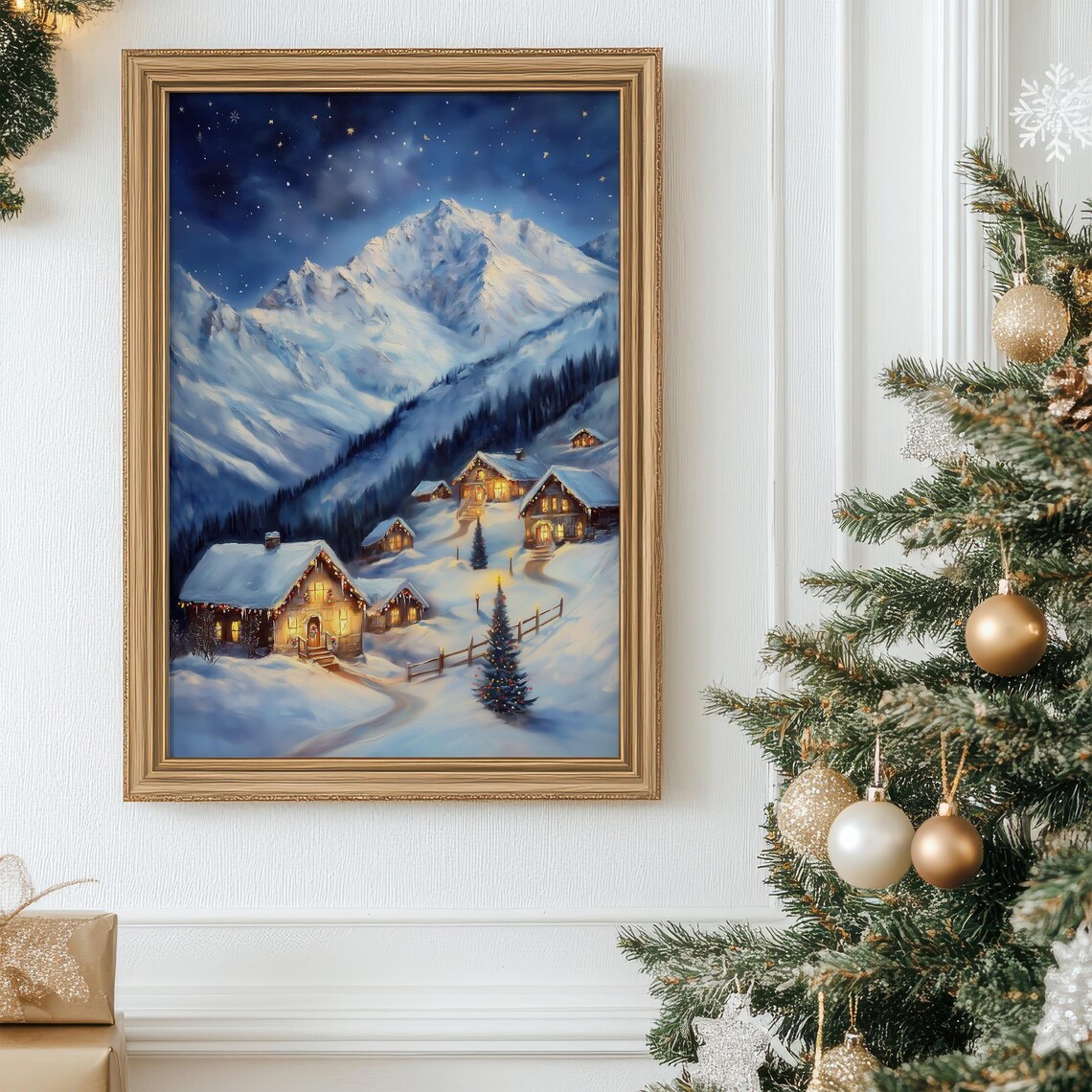Christmas Alpine Village at Night with Decorated Tree and Cabins Poster - Image 5