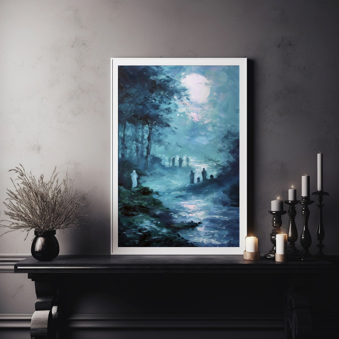 Moonlit Forest With Ghostly Figures Spooky Teal Gothic Art Poster - Image 4