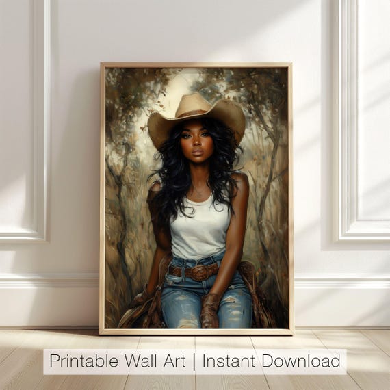 Black Cowgirl Wall Art Rustic Country Decor Female Cowboy Western Farmhouse Art Rustic Portrait Art