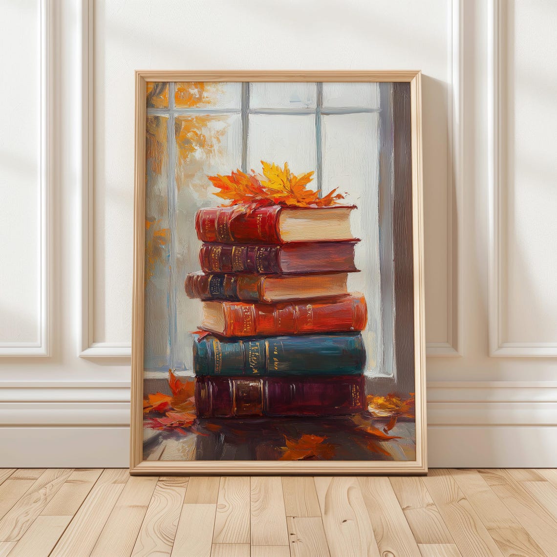 Vintage Book Stack By Window Autumn Maple Leaves Decor Art Poster