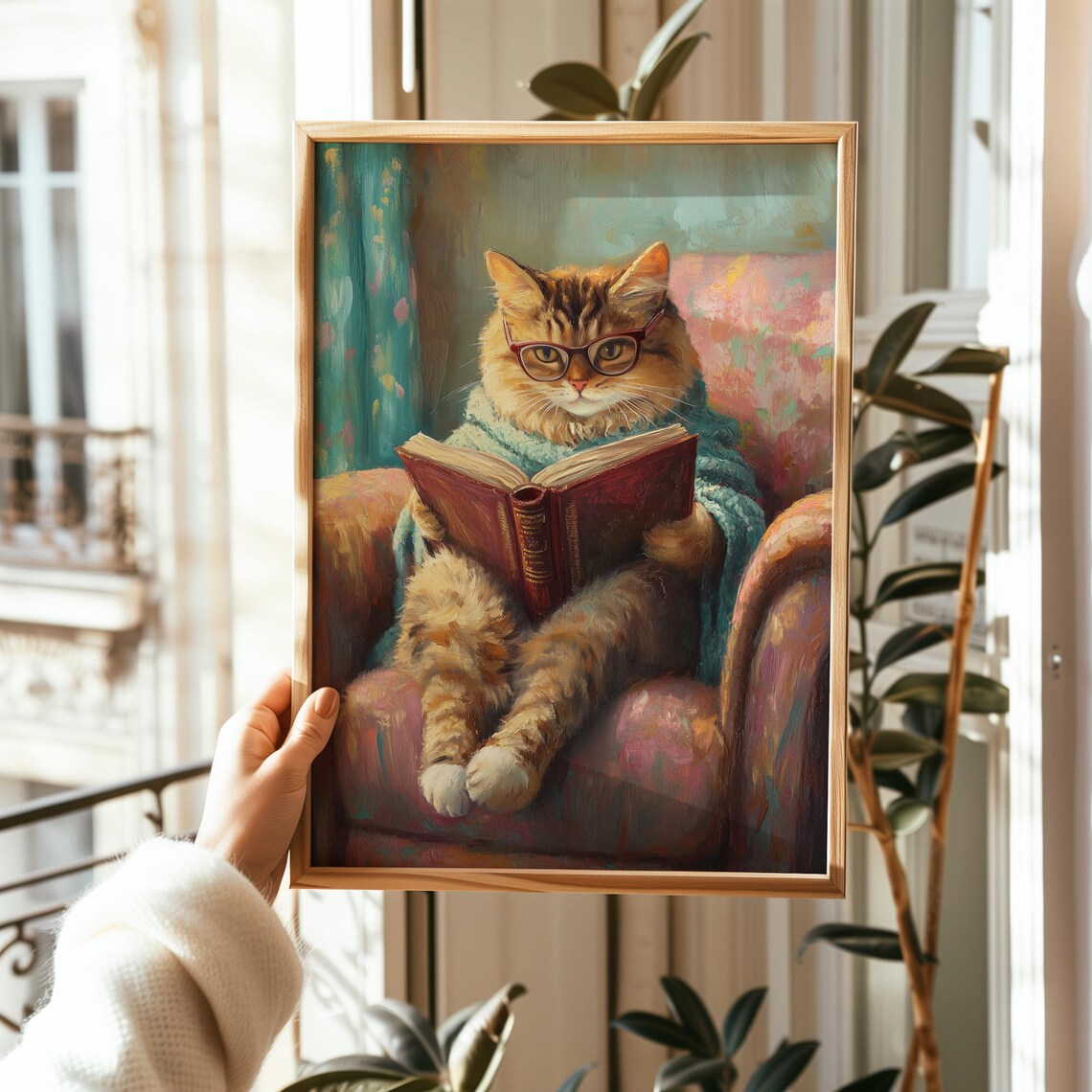 Whimsical Cat Reading Art Print Book Lover Cozy Decor Cute Cat Wall Art Library Home Decor - Image 2