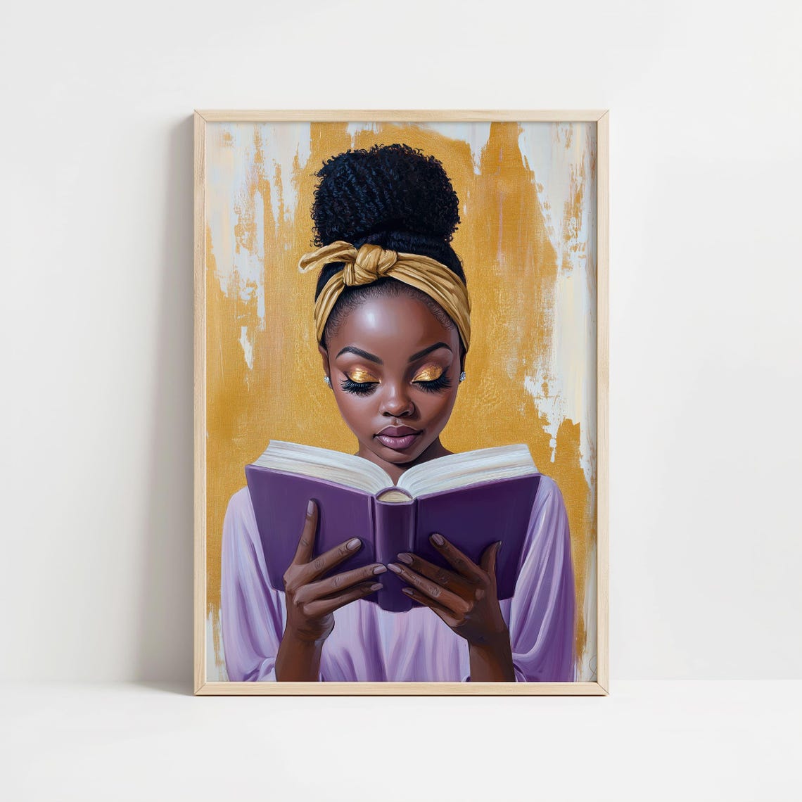Black Woman Reading Purple Book Golden Background Art Poster - Image 8