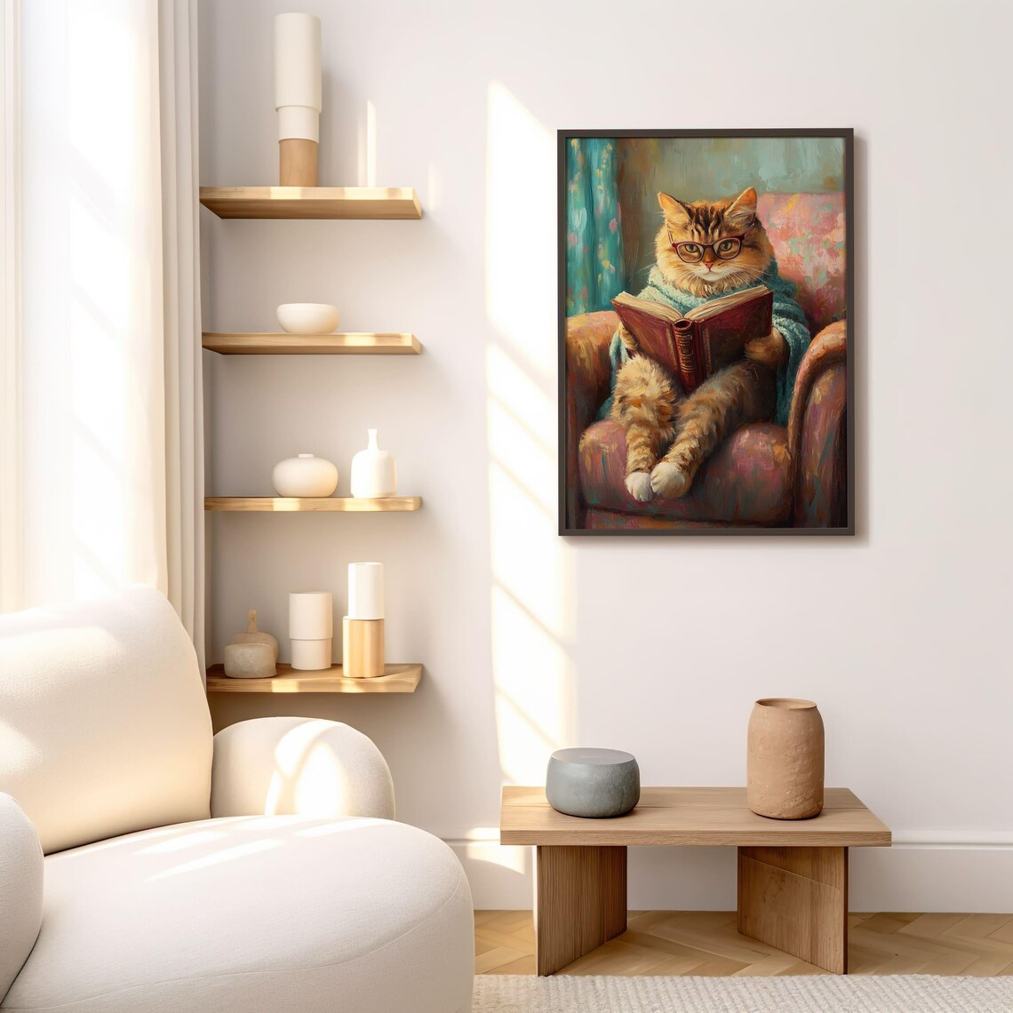 Whimsical Cat Reading Art Print Book Lover Cozy Decor Cute Cat Wall Art Library Home Decor - Image 7