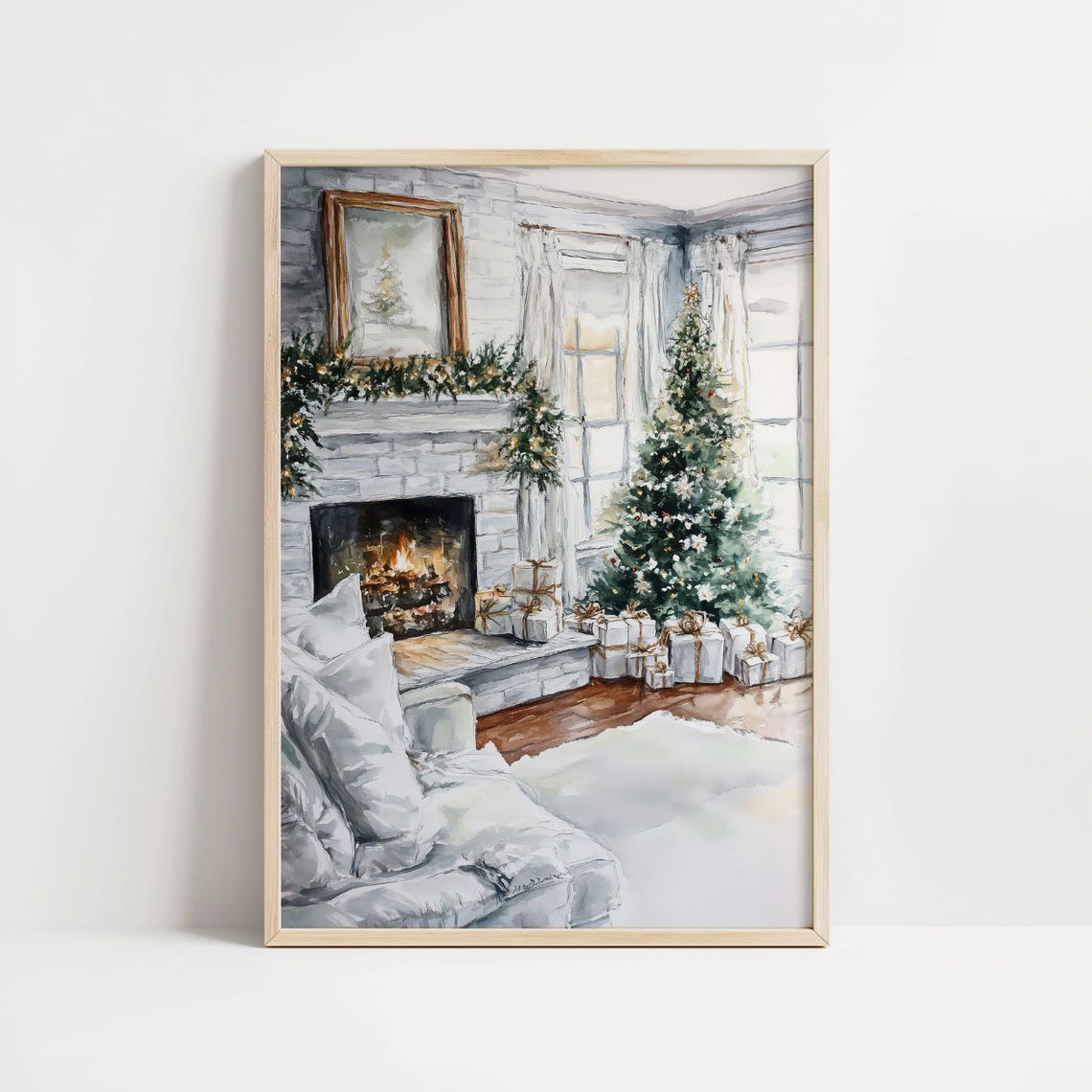 Cozy Christmas Living Room Watercolor Fireplace Scene Poster - Image 8