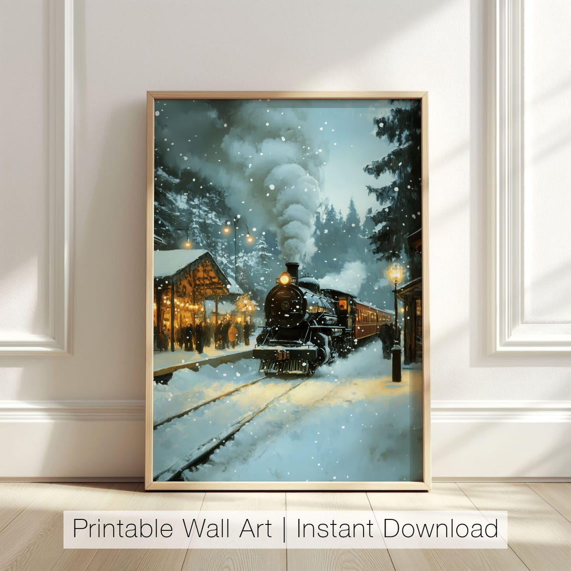 Steam Train At Snowy Station Winter Night Vintage Art Poster