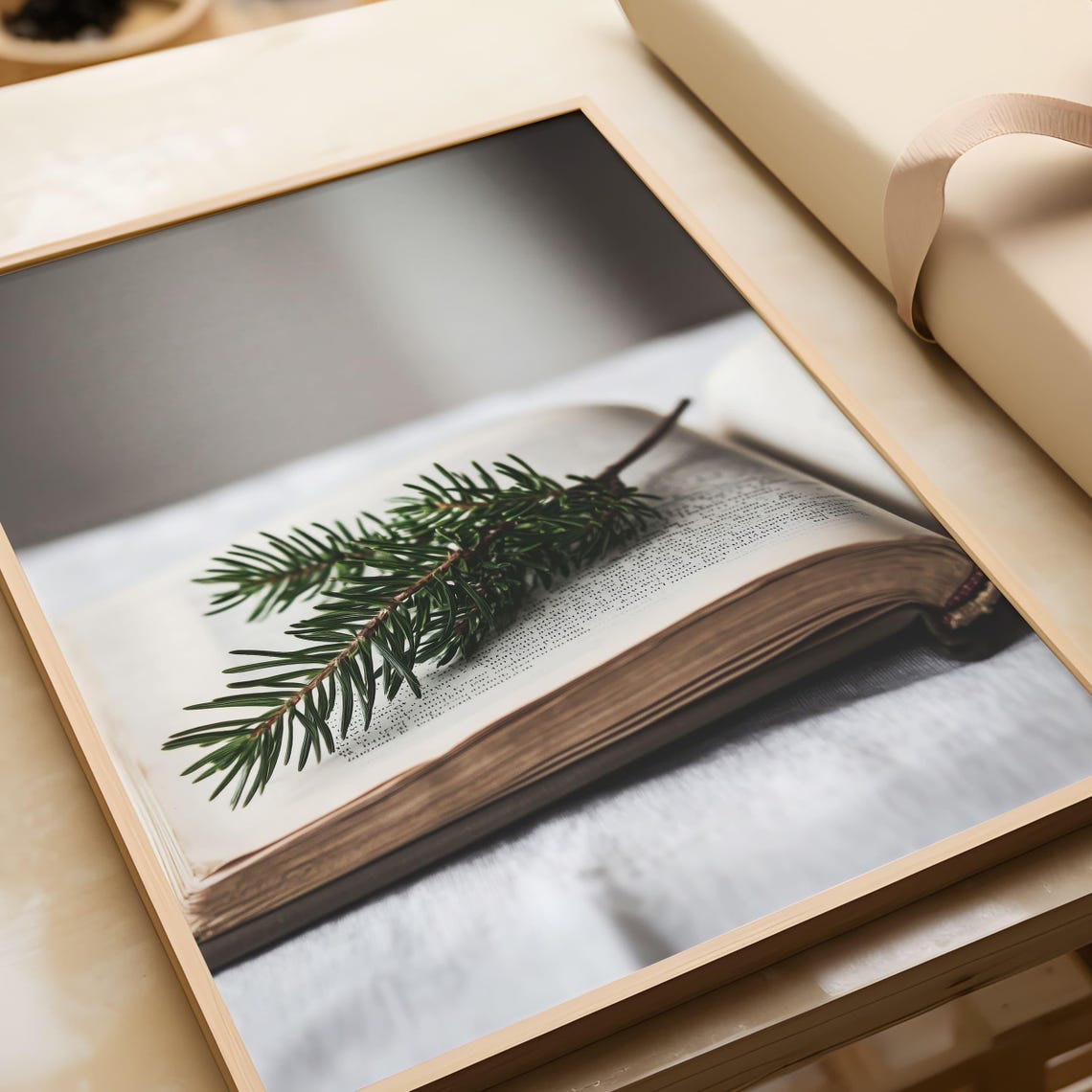 Evergreen Branch On Open Book Minimalist Winter Photo Poster - Image 6