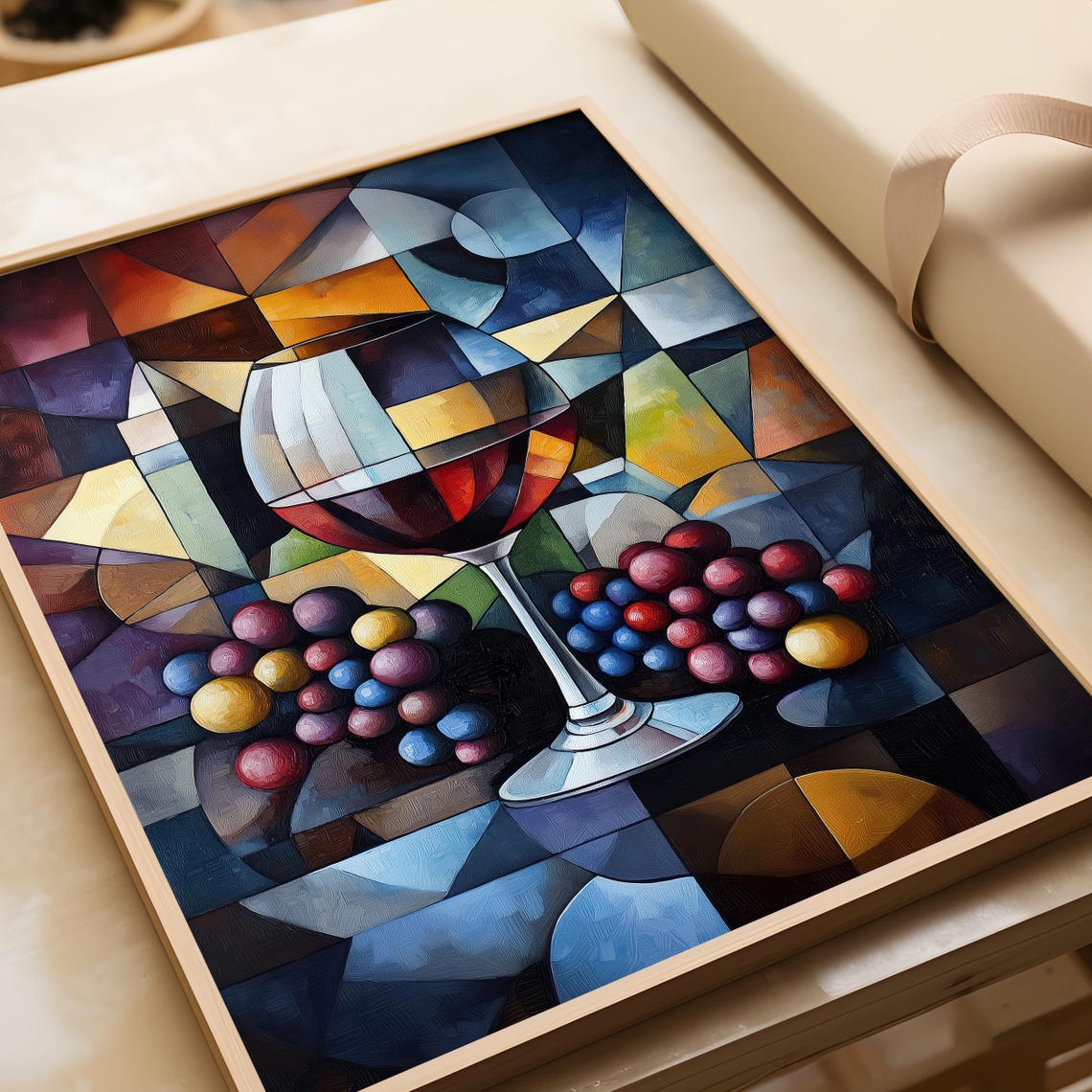 Cubist Wine Glass with Colorful Grapes Geometric Still Life Poster - Image 4