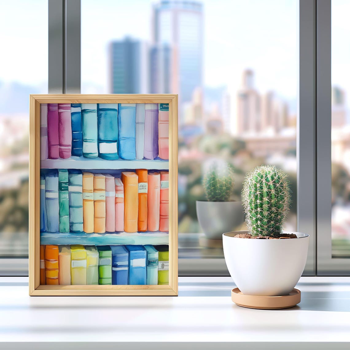 Rainbow Watercolor Bookshelf With Pastel Books Library Poster - Image 3