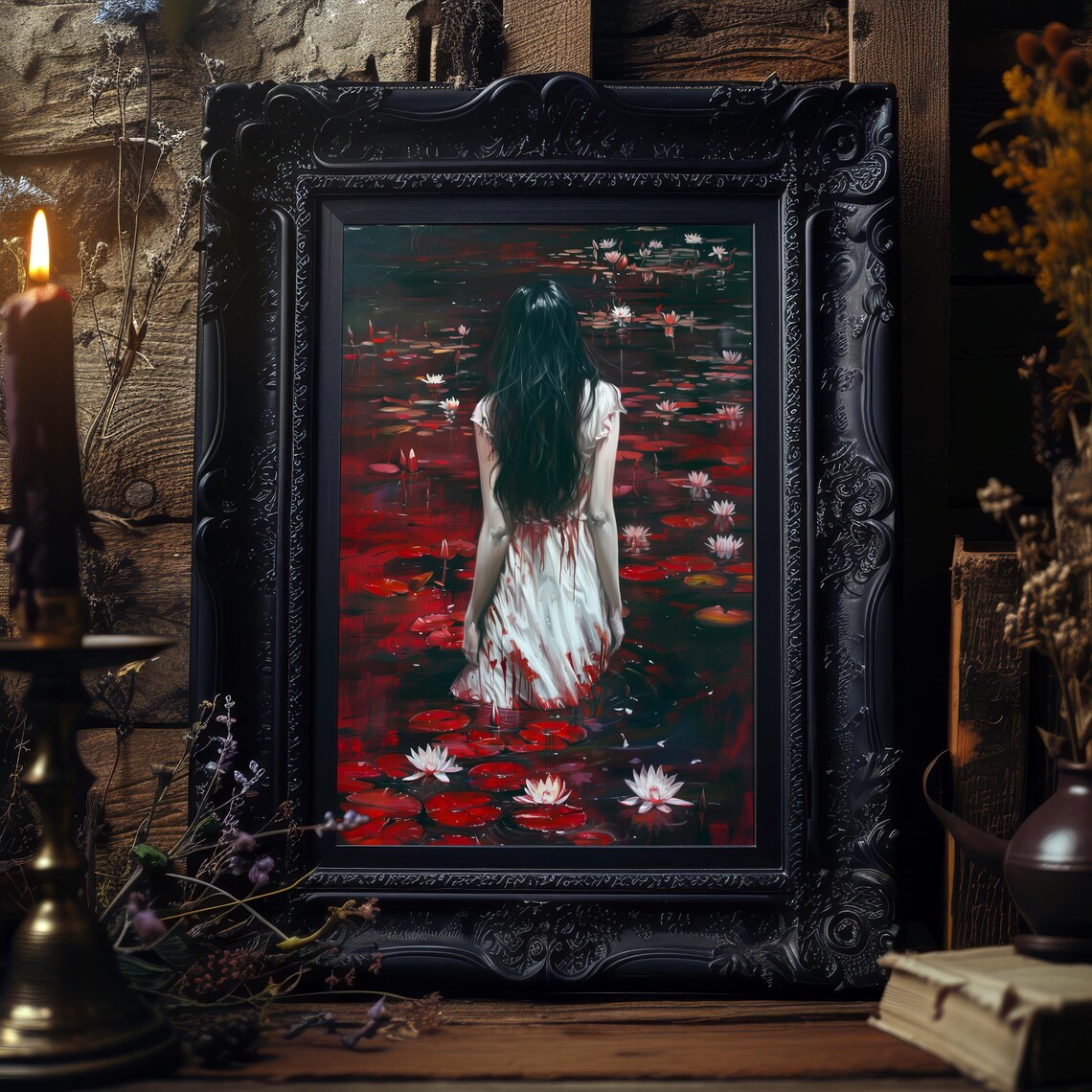 Haunting Woman in White Dress in Dark Red Water Lily Pond Gothic Poster - Image 7