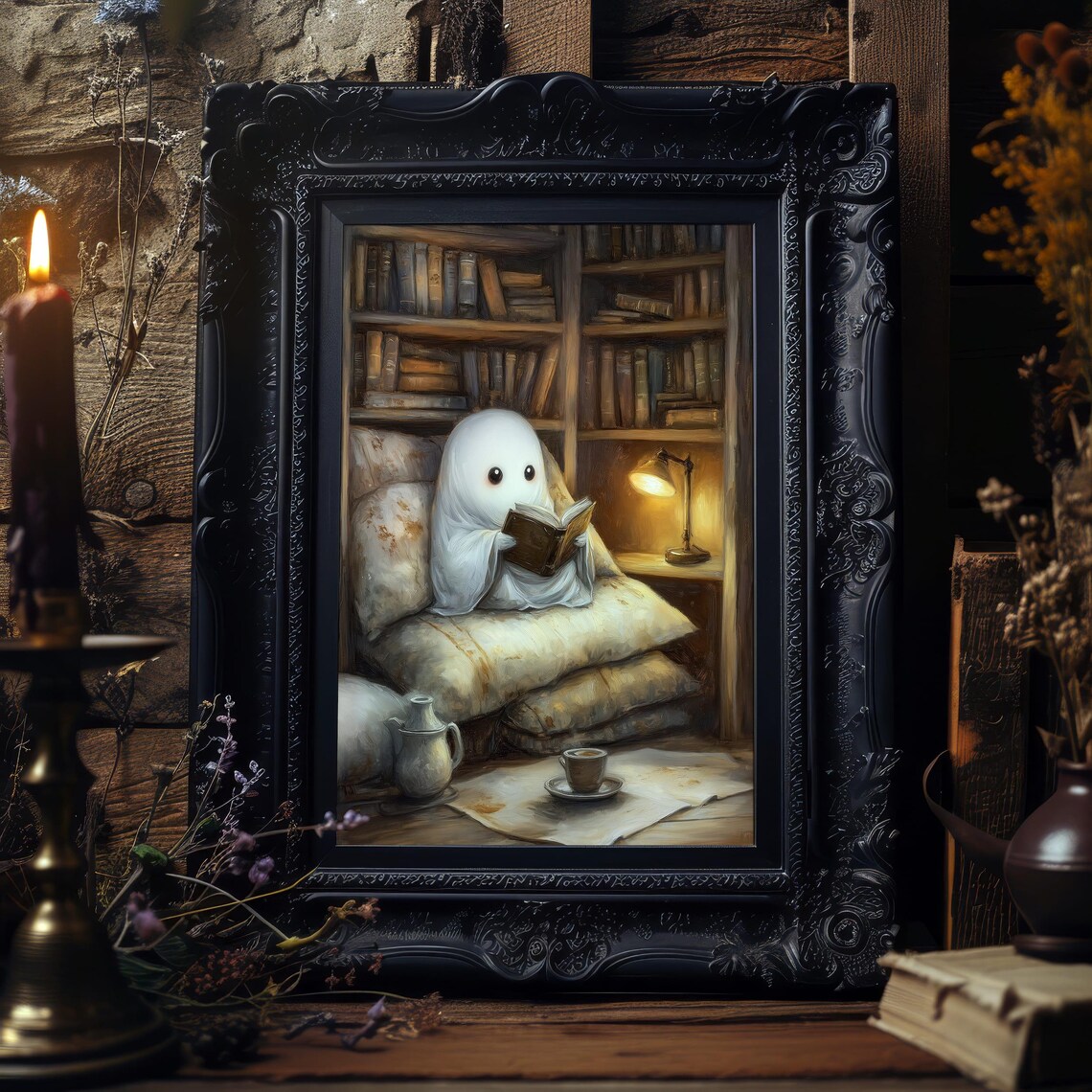 Cozy Ghost Library Art Print, Bookish Halloween Decor - Image 8