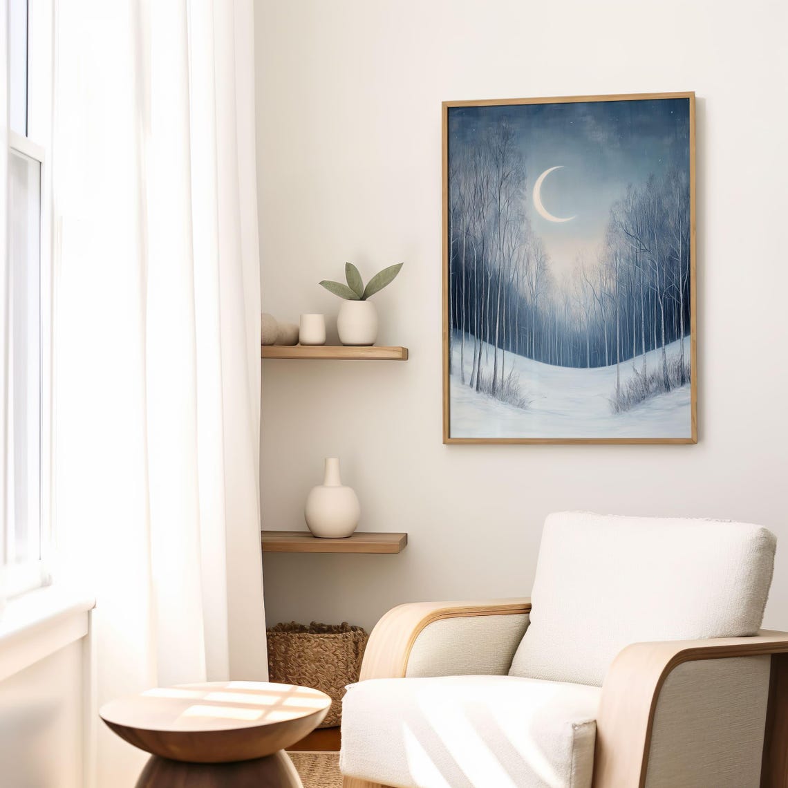Glowing Crescent Moon Over a Snowy Winter Birch Forest Poster - Image 2