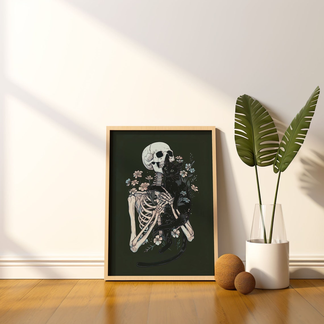 Floral Skeleton Hugging Black Cat Gothic Halloween Night Poster - Image 3