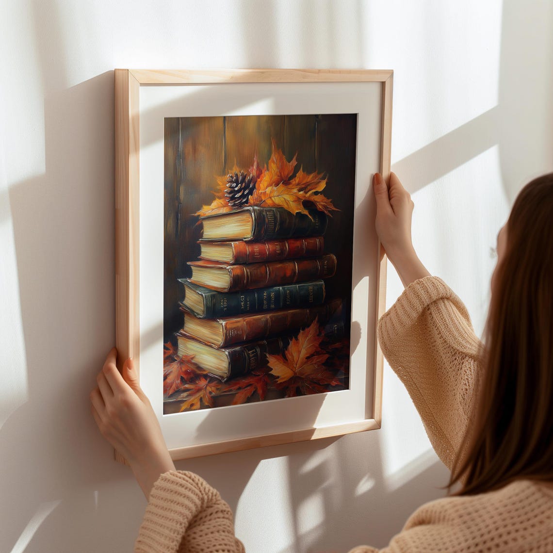 Vintage Autumn Book Stack Painting Fall Leaves Cozy Art Poster - Image 7
