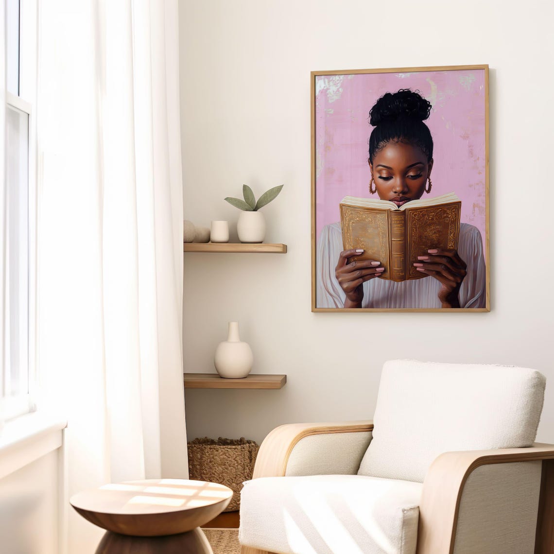 Black Woman Reading Gilded Book Pink Background Book Lover Poster - Image 3