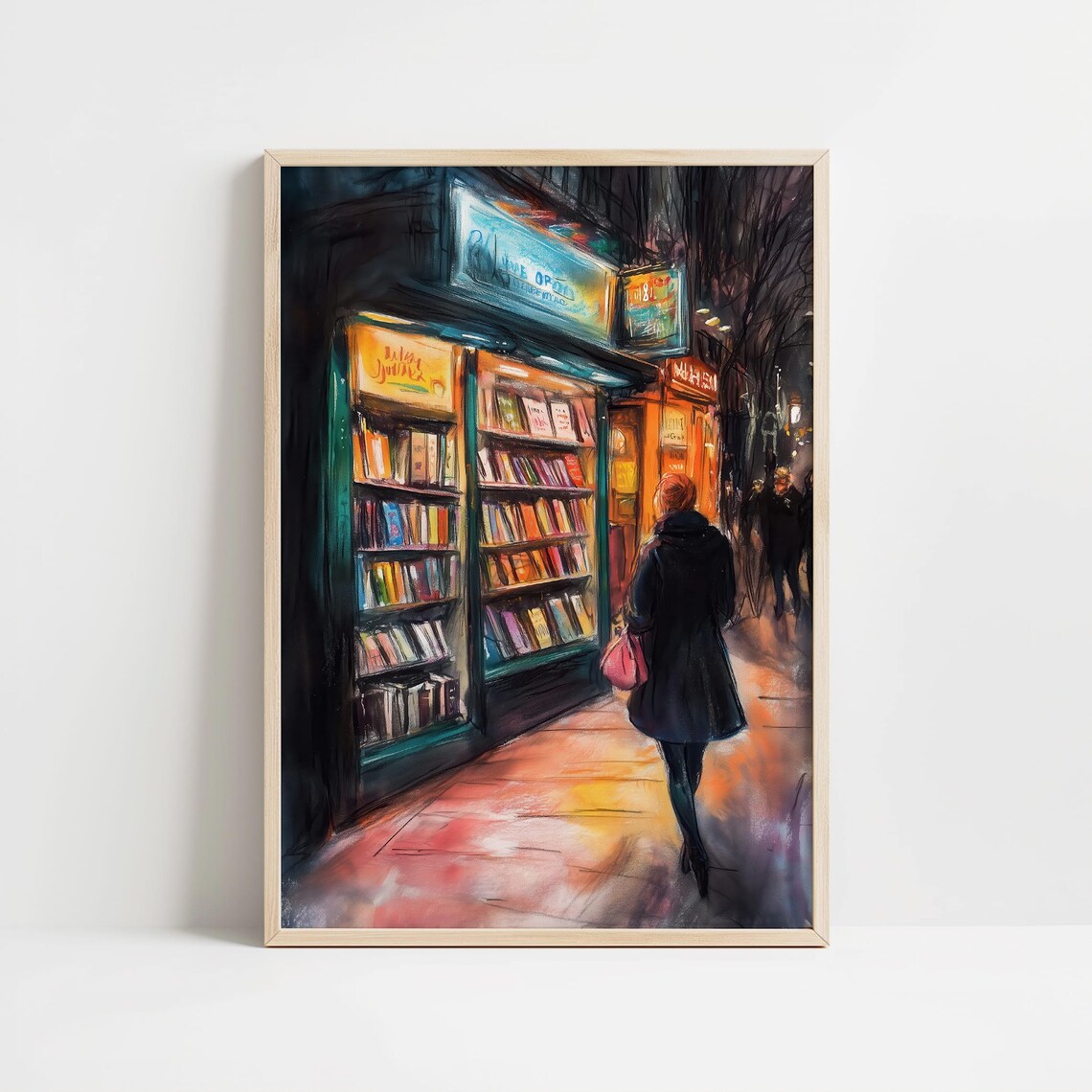 Autumn Night Bookshop Glowing Bookstore Street Scene Art Poster - Image 8