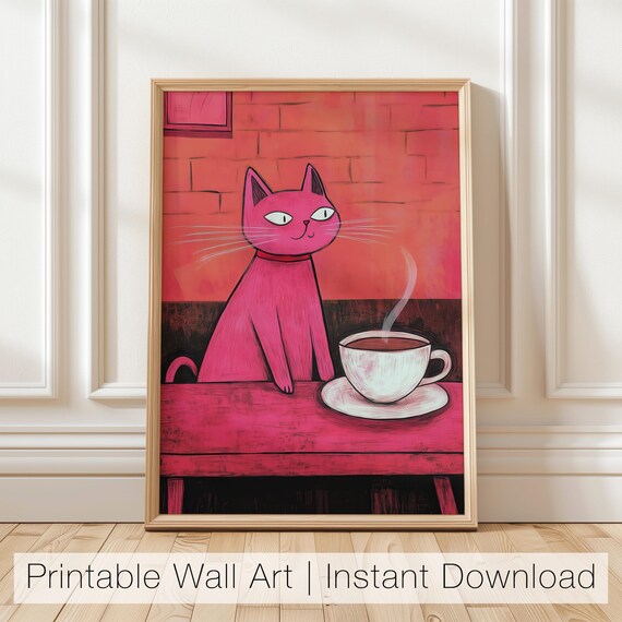 Funny Cat Coffee Art Print Quirky Cat Wall Art Cute Coffee Lover Poster Cat Lover Printable Kitchen Decor