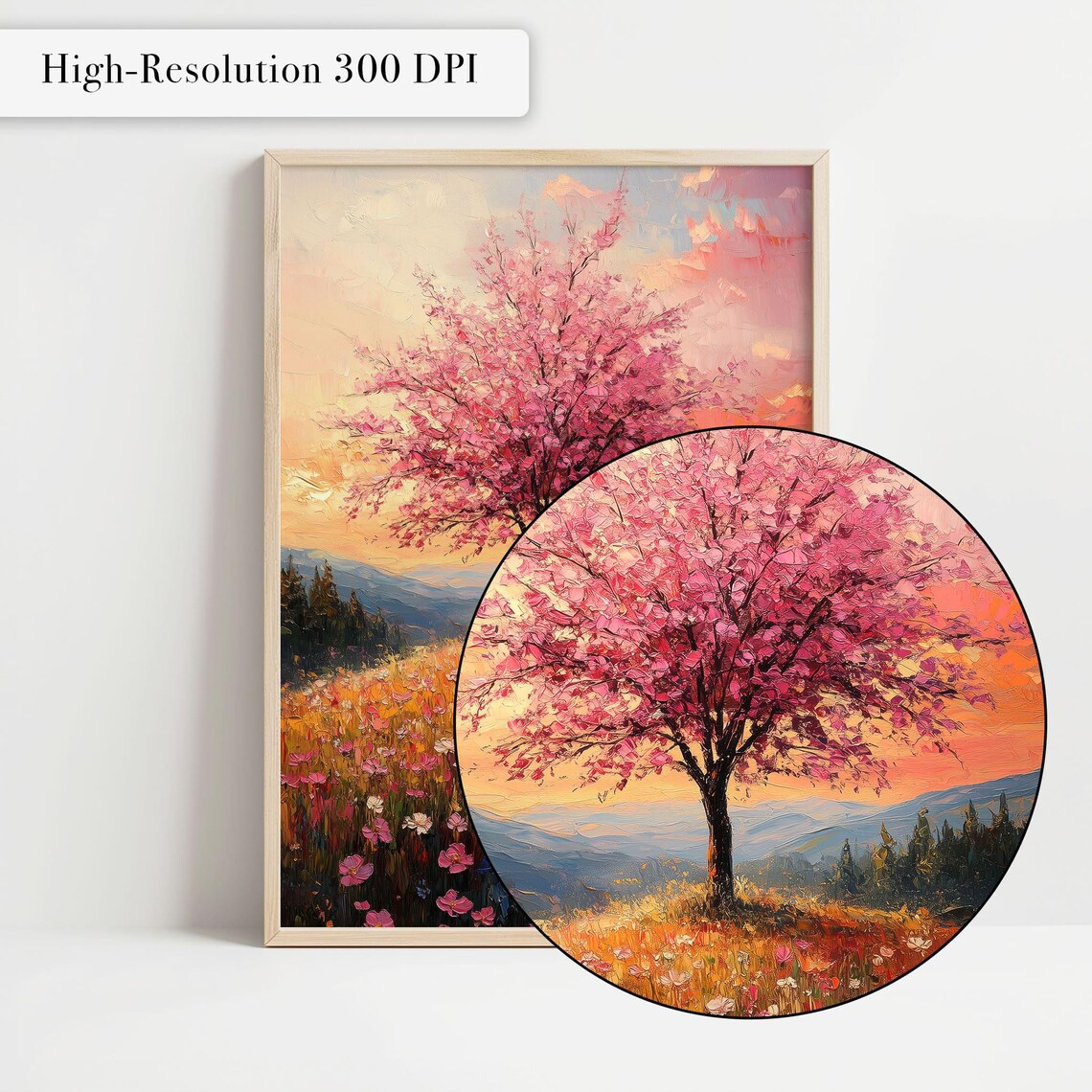 Cherry Blossom Tree Sunset Wildflower Field Mountain Glow Spring Art Poster - Image 4