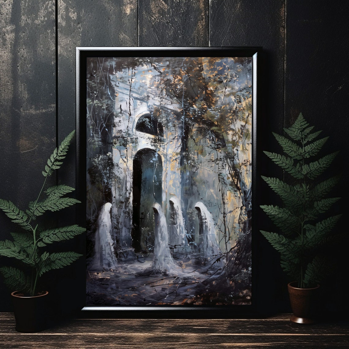 Ghosts Among Ancient Ruins Dark Forest Night Gothic Art Poster - Image 2