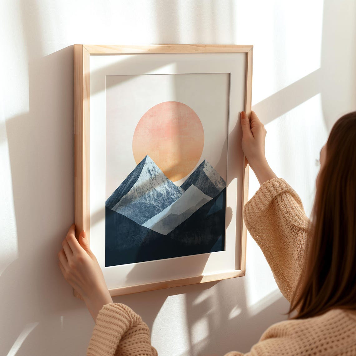 Minimalist Snowy Blue Mountain Peaks With Big Peach Sun Poster - Image 6