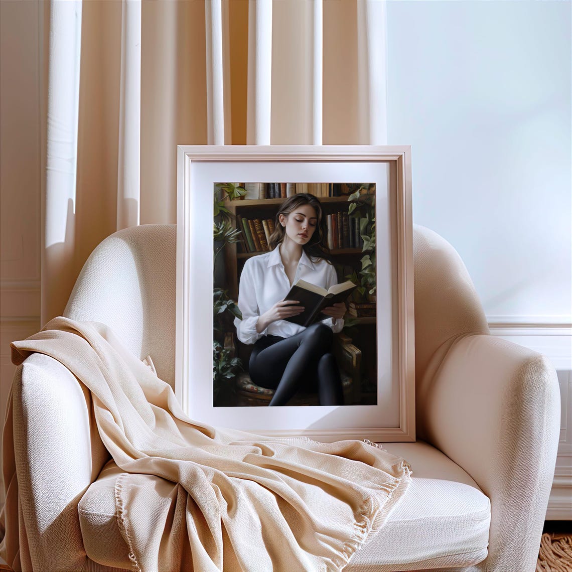 Woman Reading Book in Cozy Library Book Lover Portrait Poster - Image 2
