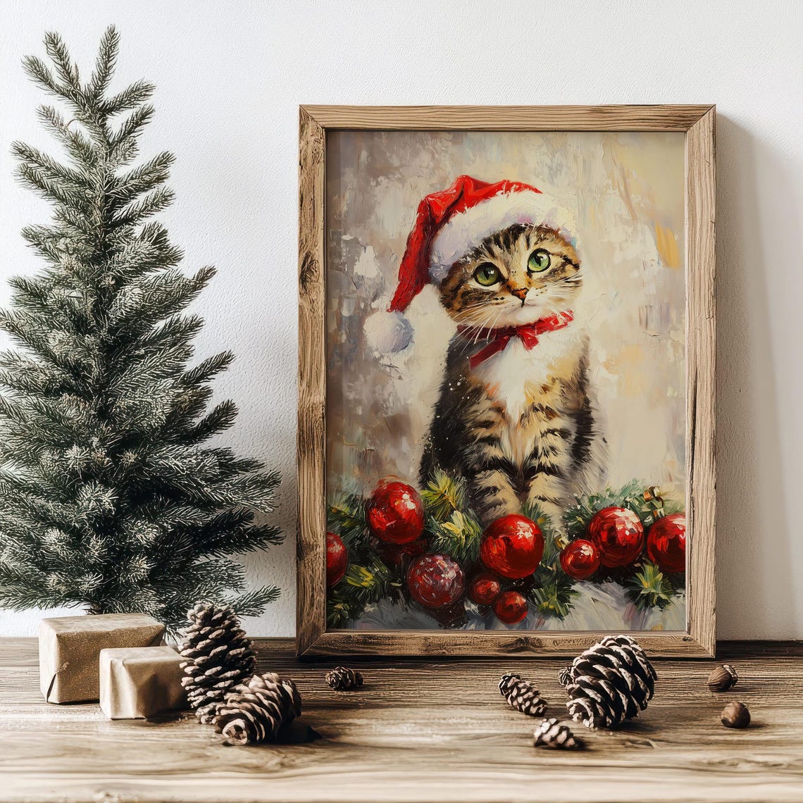 Tabby Kitten in Santa Hat With Christmas Ornaments Painting Poster - Image 6