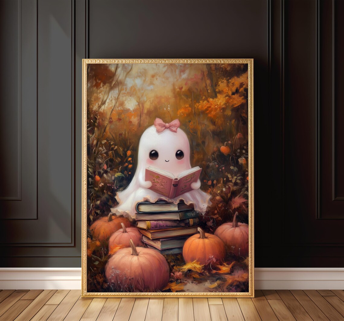 Cute Ghost Reading Art Print Pink Halloween Book Decor Adorable Autumn Wall Art Cozy Fall Artwork