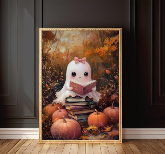 Cute Ghost Reading Art Print Pink Halloween Book Decor Adorable Autumn Wall Art Cozy Fall Artwork