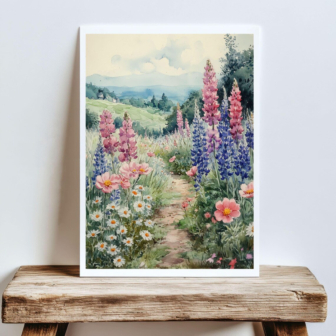 Watercolor Wildflower Path Pink Lupines Daisies Rolling Hills Spring Poster - Image 5