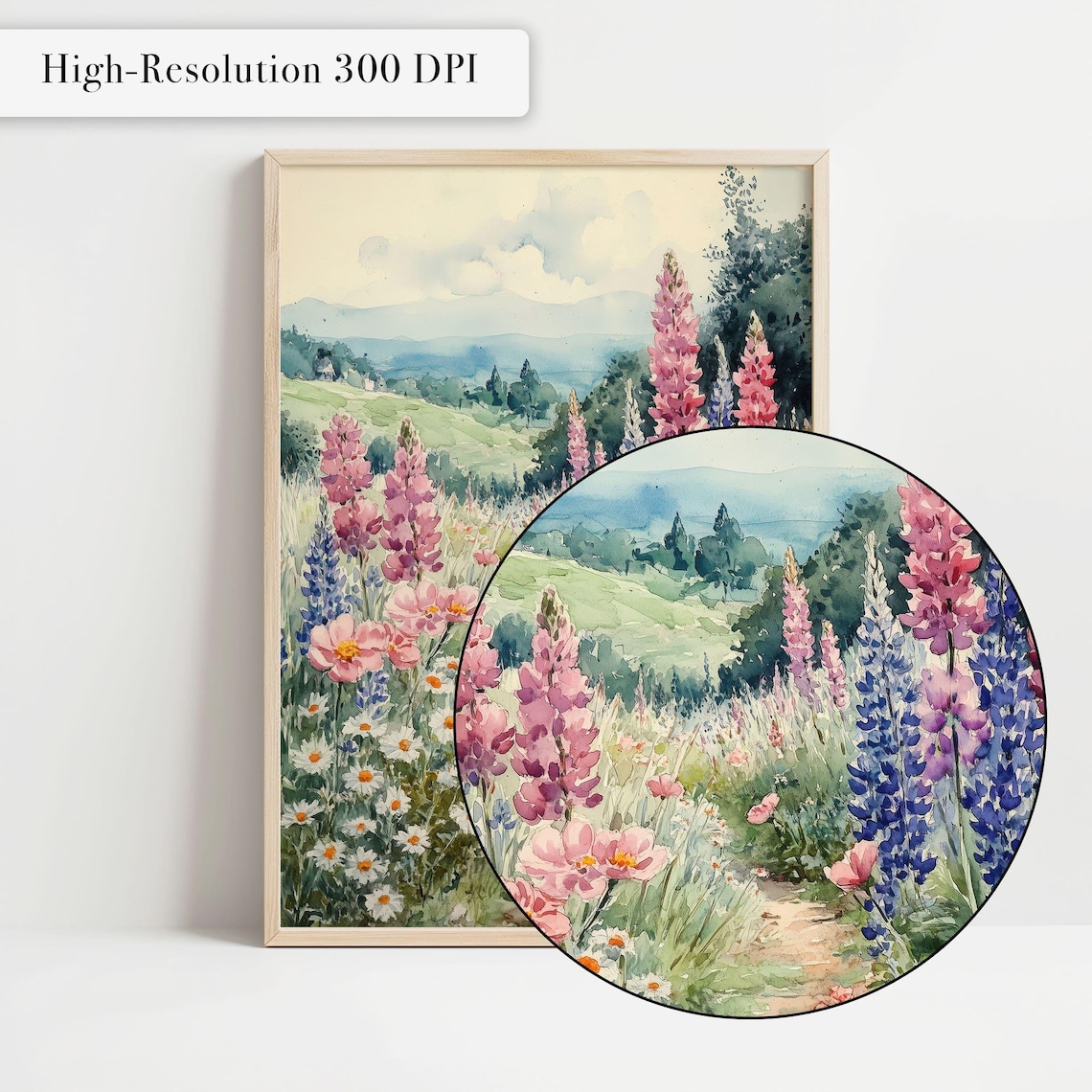 Watercolor Wildflower Path Pink Lupines Daisies Rolling Hills Spring Poster - Image 4