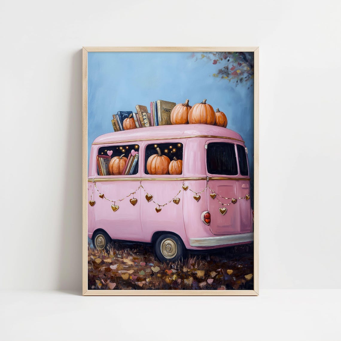 Pink Retro Van With Pumpkins and Books Fall Halloween Poster - Image 5