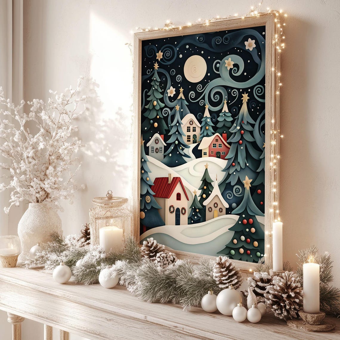 Whimsical Snowy Night Village Paper Cut Style Christmas Poster - Image 2