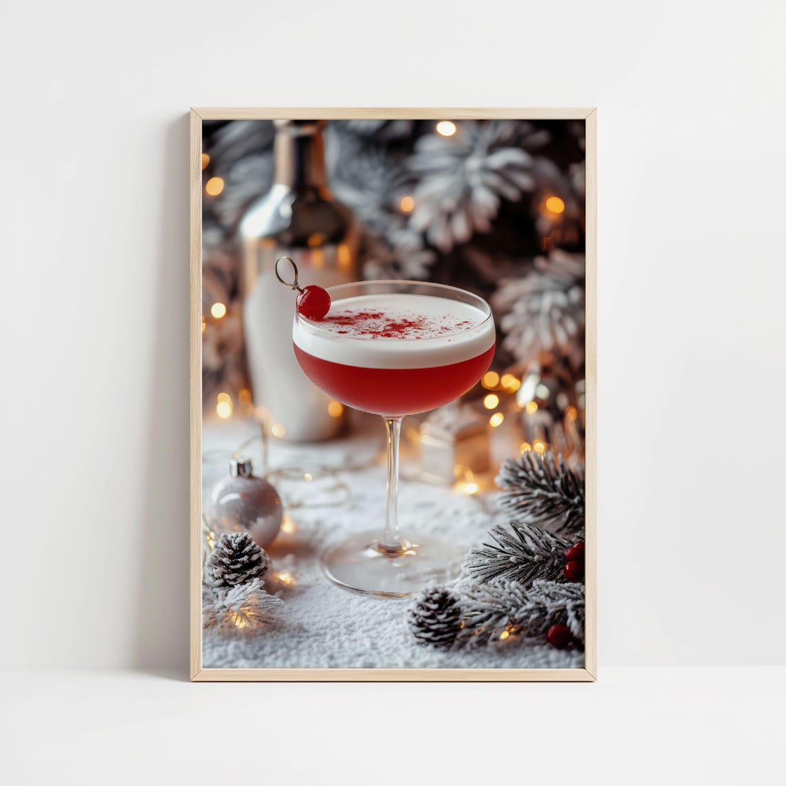 Red Holiday Cocktail in Coupe Glass with Snowy Pine Winter Bar Poster - Image 8
