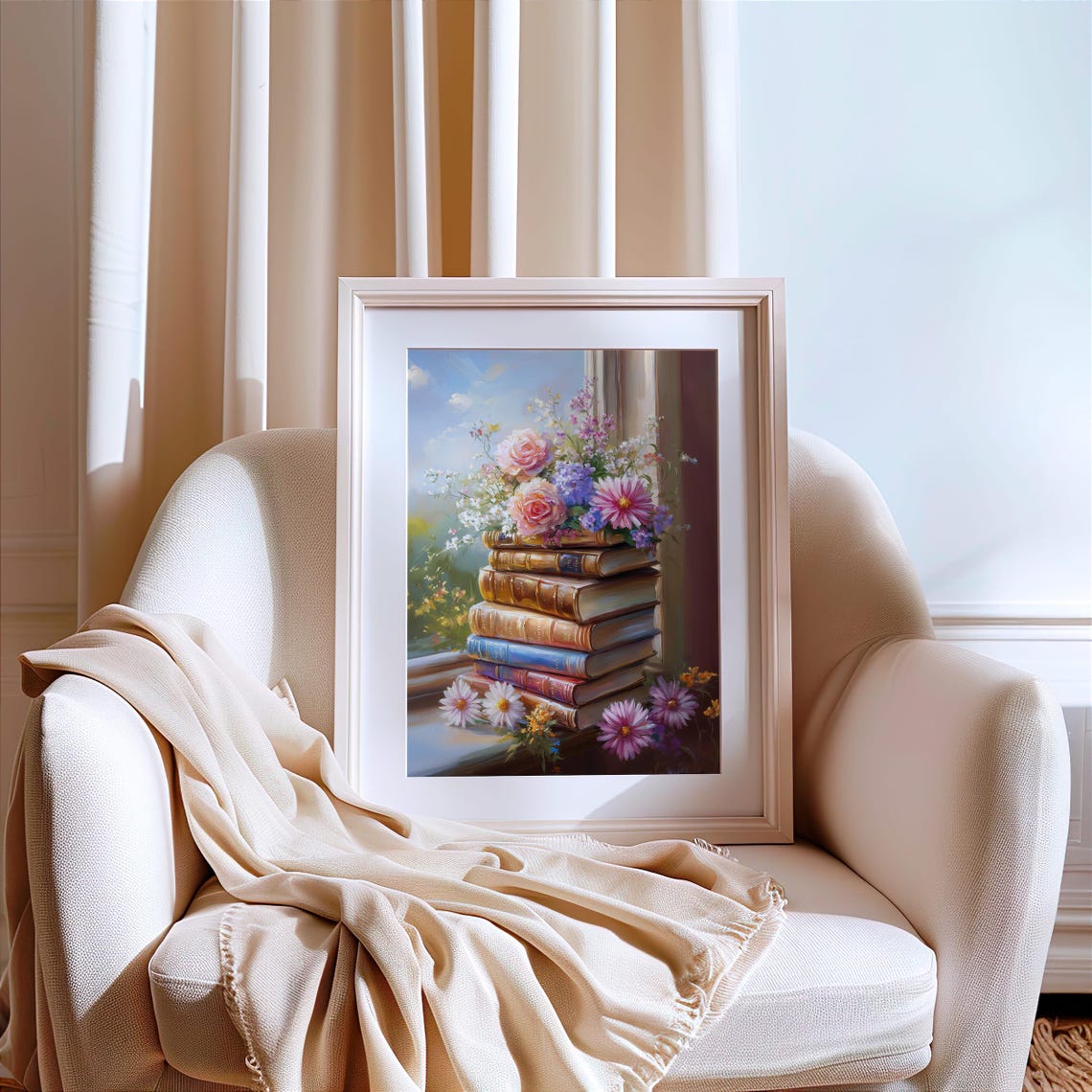 Vintage Floral Book Stack by Sunny Window Still Life Art Poster - Image 3