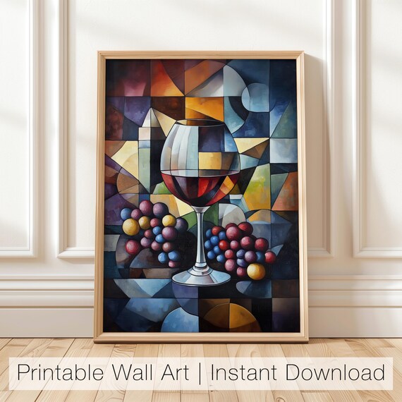 Abstract Wine Art Print Geometric Wine Glass Wall Art Modern Cubism Printable Wine Lover Home Decor Contemporary Art For Bar Or Kitchen