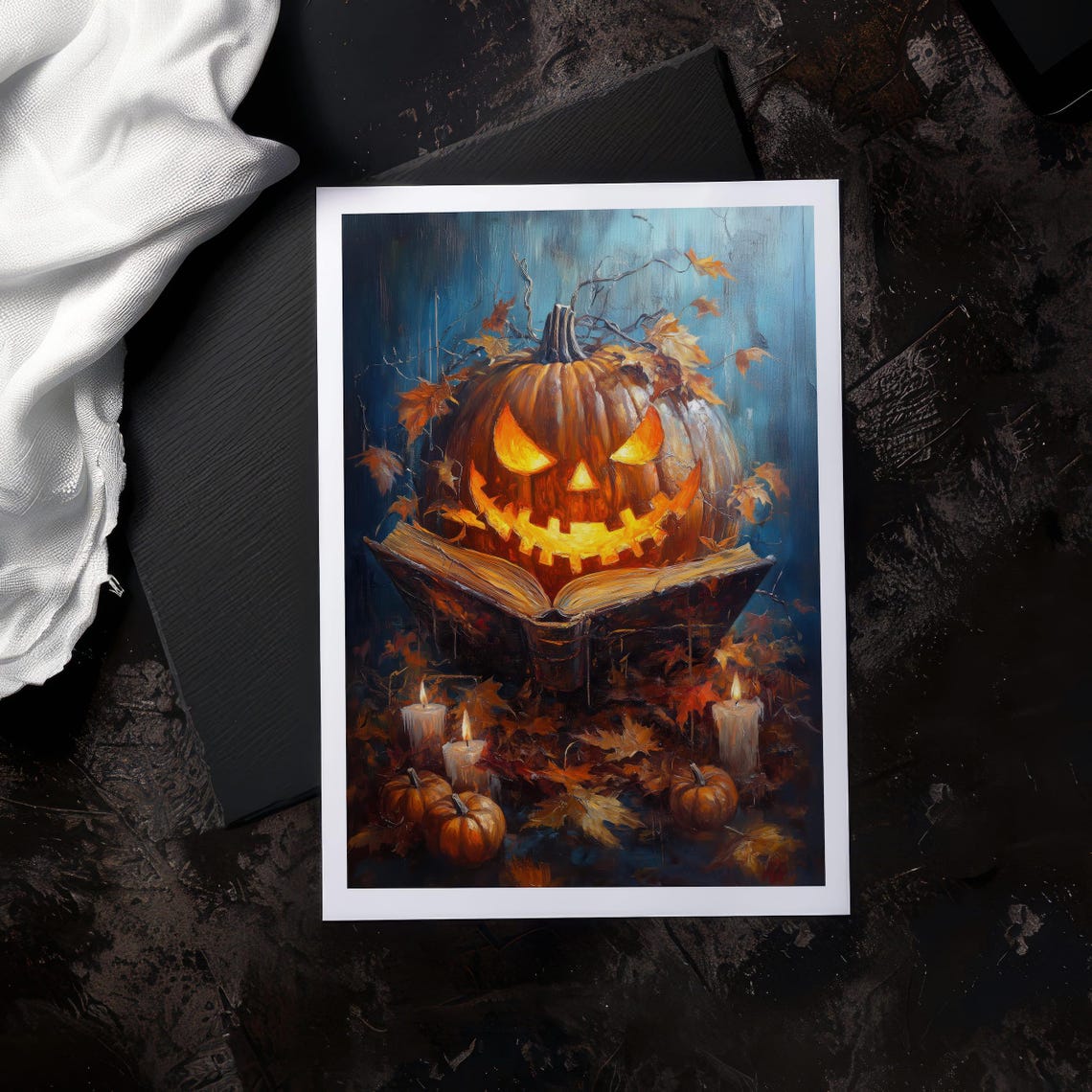 Spooky Glowing Pumpkin Reading Open Book Halloween Night Poster - Image 5