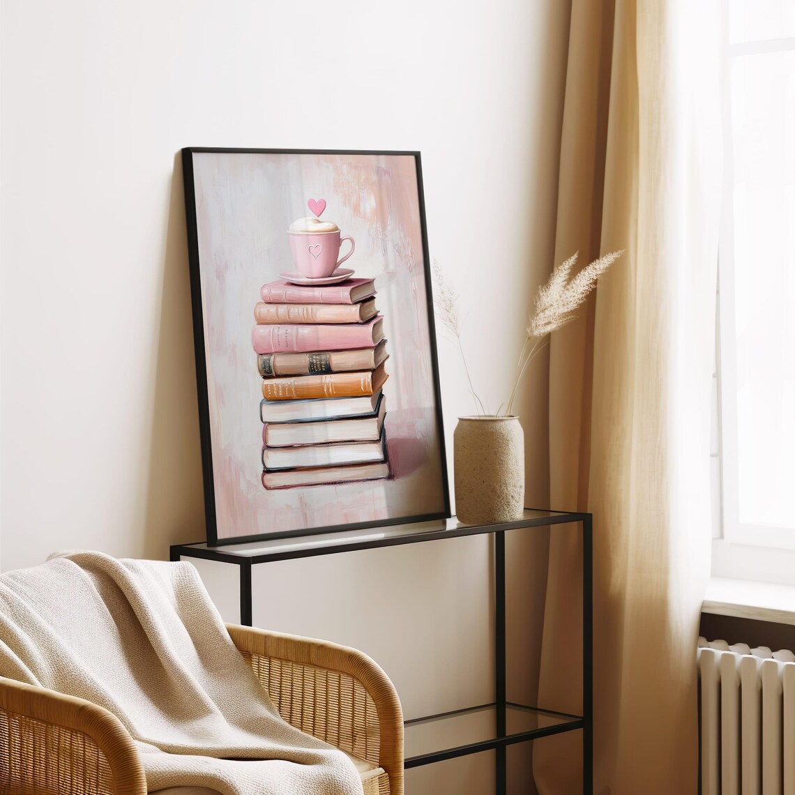 Pink Book Lover Art Print, Cozy Coffee Books Decor - Image 4