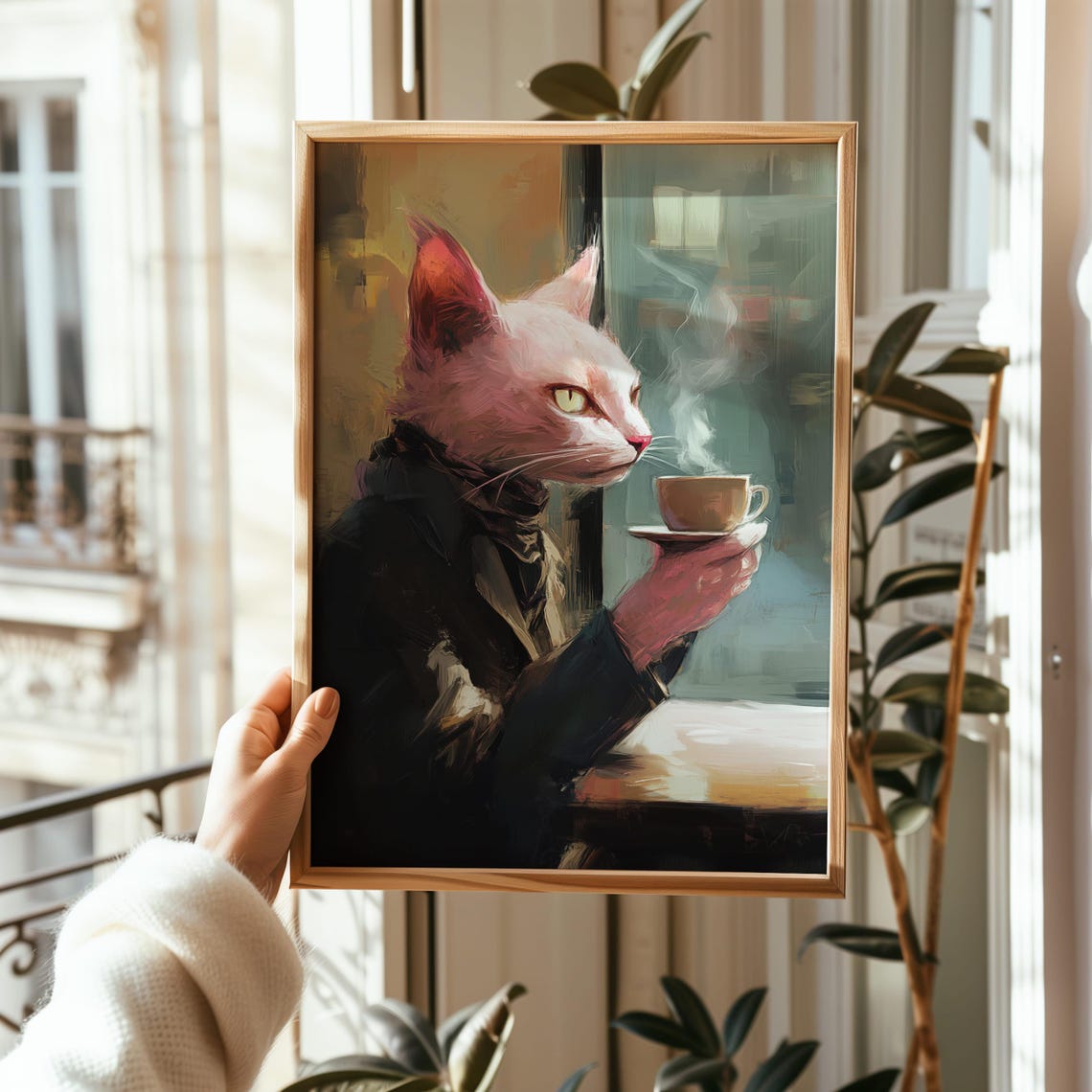 Pink Cat in Suit Drinking Coffee Funny Cafe Animal Wall Poster - Image 2