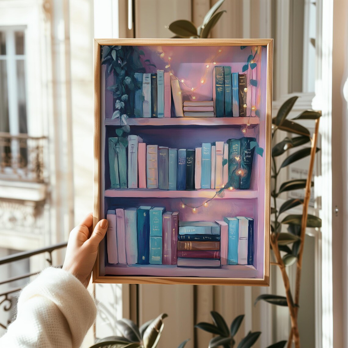 Pastel Pink Bookshelf With Glowing Fairy Lights Cozy Decor Poster - Image 5