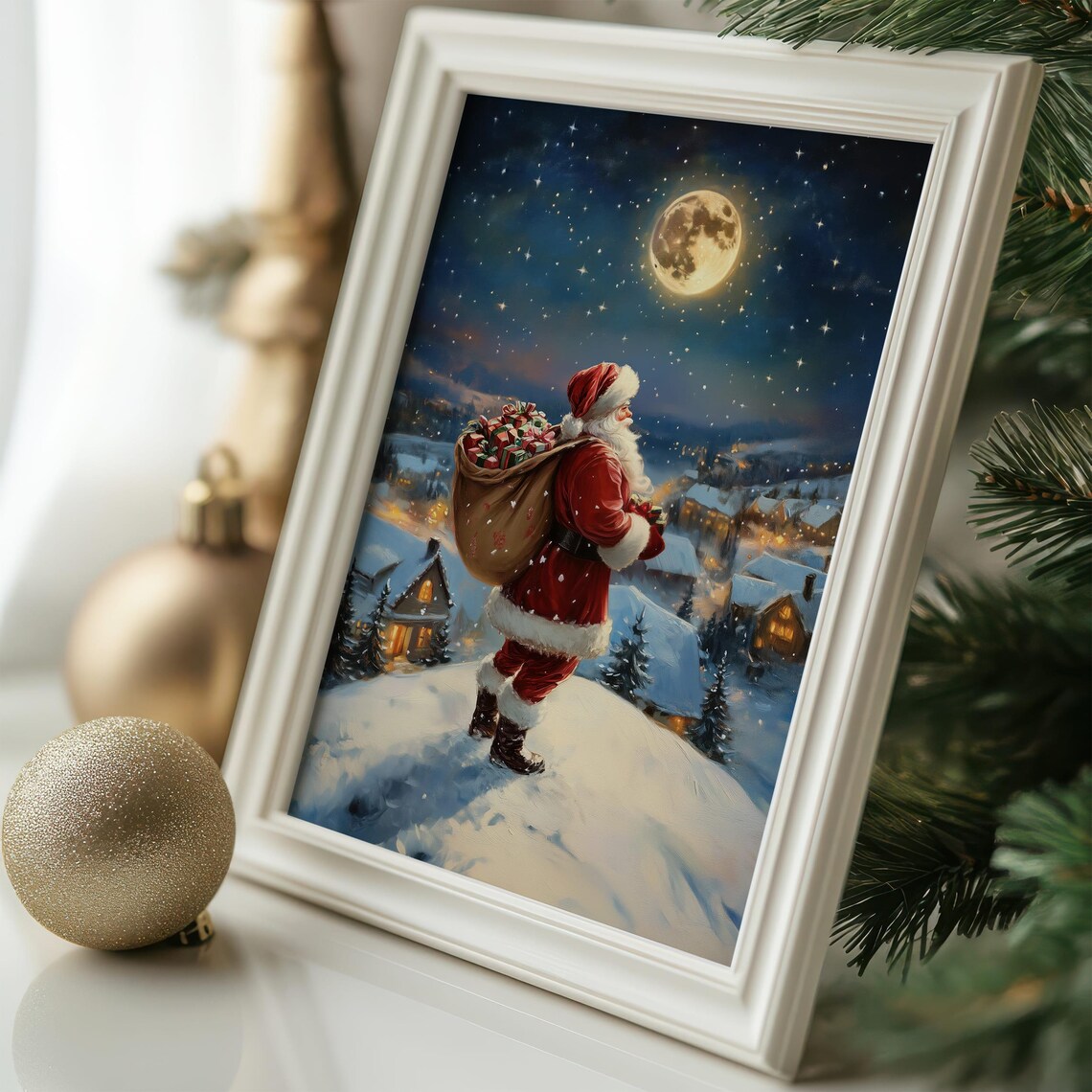 Santa Claus Christmas Night with Full Moon Art Print - Image 5