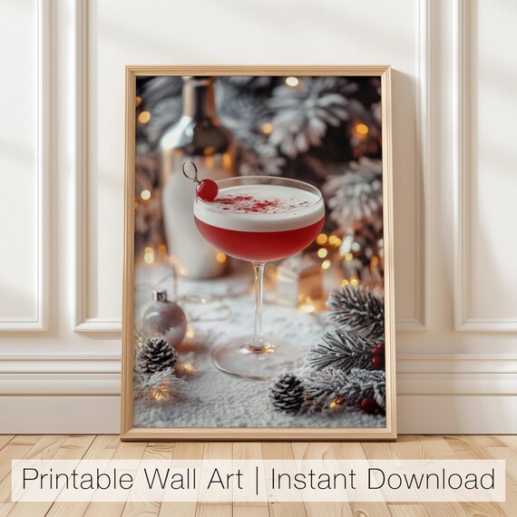 Red Holiday Cocktail in Coupe Glass with Snowy Pine Winter Bar Poster